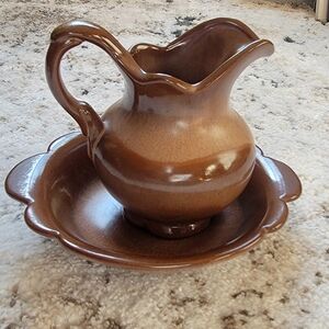 Frankoma Pottery mini pitcher and basin set in the Plainsman Brown glaze